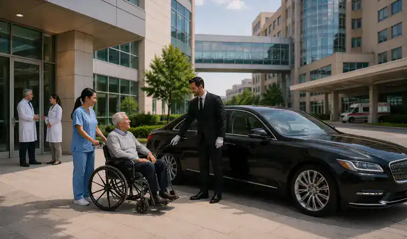 Luxury transportation between Texas Medical Center hospitals with a professional chauffeur assisting a patient in Houston.